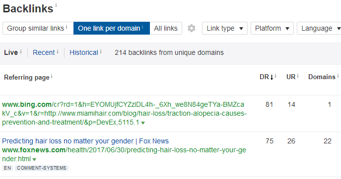 Link analysis «One link per domain» and sort by a column DR