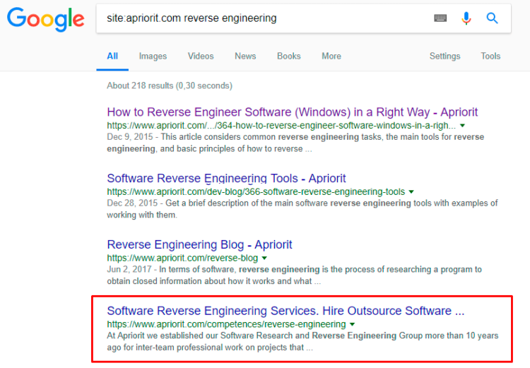 Relevance of website documents by «Reverse Engineering» query for Apriorit domain