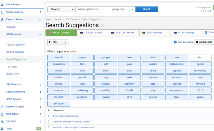 Example of keyword suggestions, Serpstat