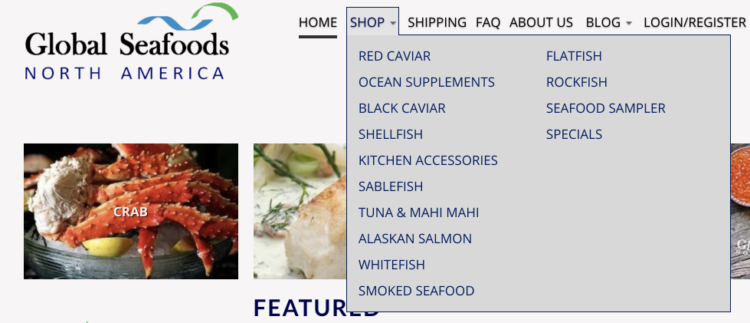 The Menu of Globalseafoods Website