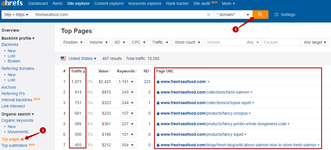 Top search traffic pages on competitor’s website