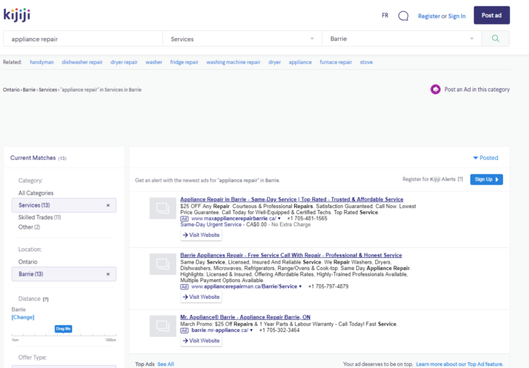 Screenshot of interface kijiji.ca