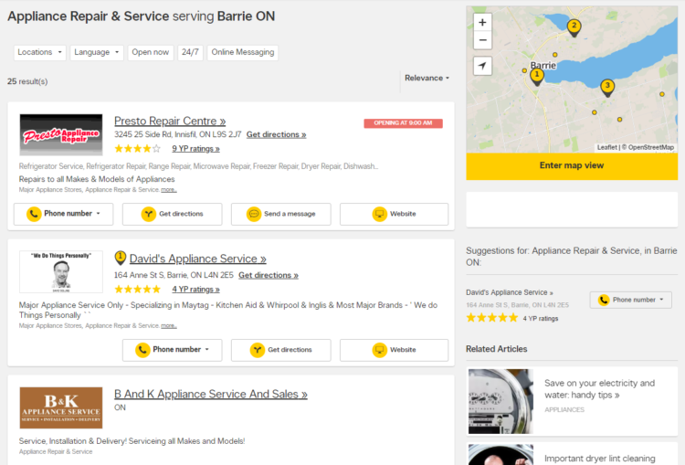 Yellowpages results page screenshot