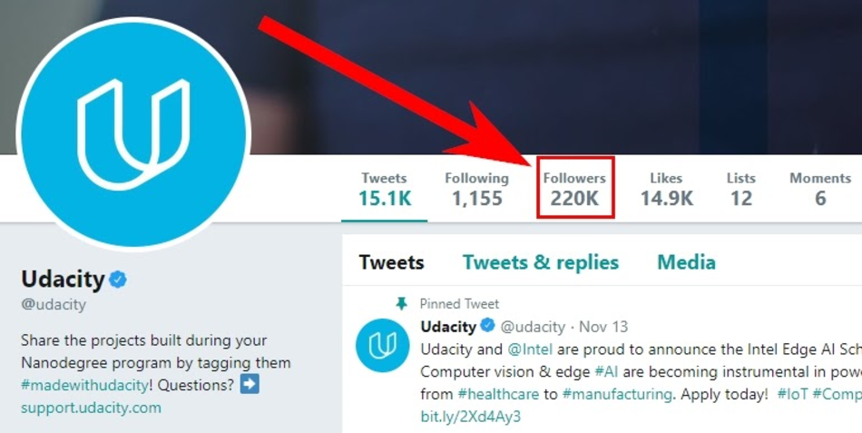 The number of the Udacity.com Twitter page followers
