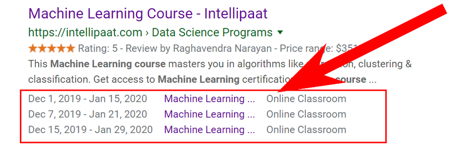 An example of the Intellipaat.com snippet with the Event microdata markup