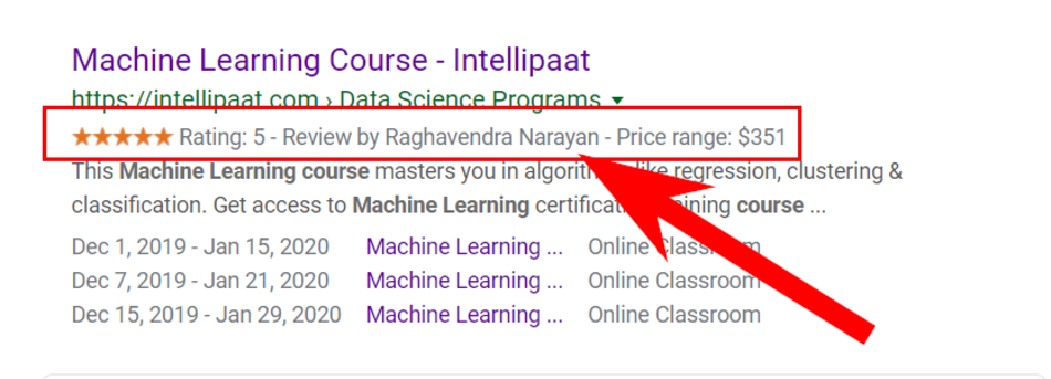 An example of the Intellipaat.com snippet with the review snippet microdata markup