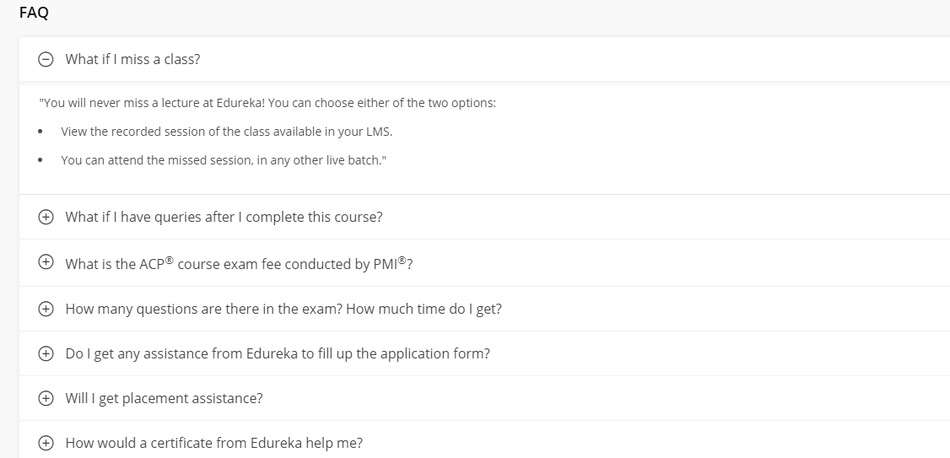 An example of the FAQ block on the Edureka.co website page