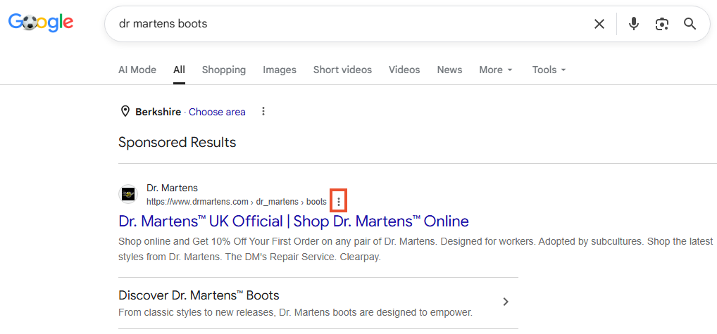 How to use the Google Ads Transparency Center with a specific search query