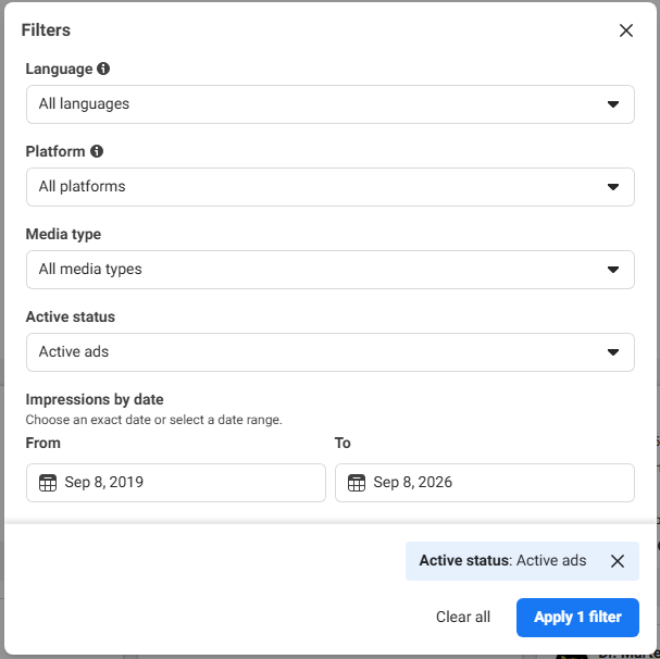 Meta Ad Library filters Ad library