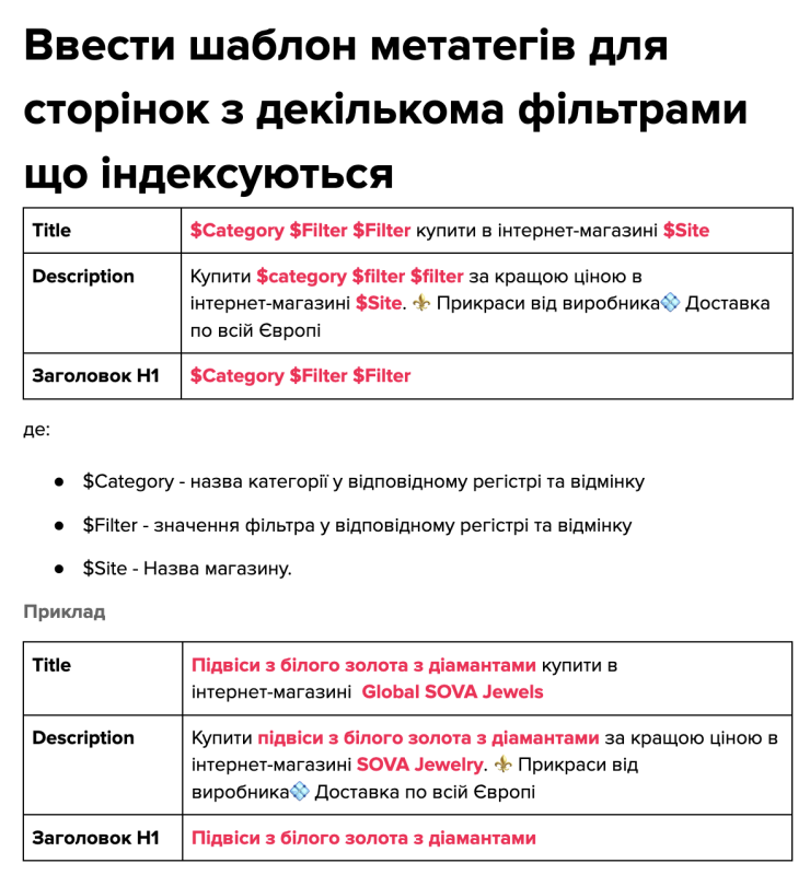 Part of the requirements for forming meta-tags for filter pages