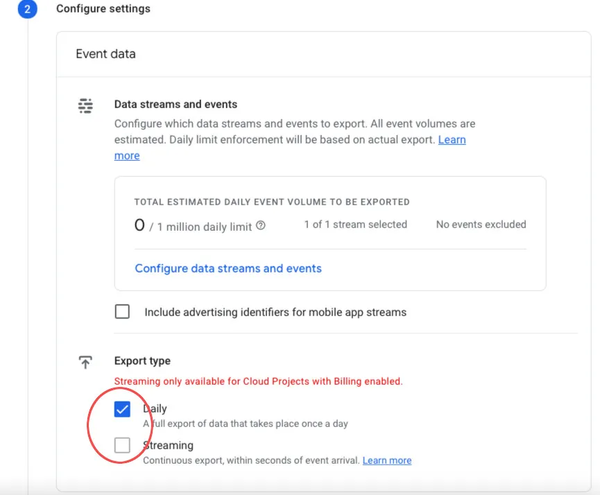 Daily export and Streaming export