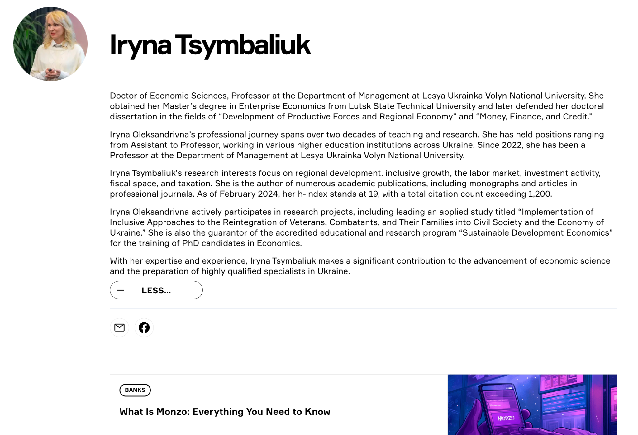 Example of an author page on the Rates website