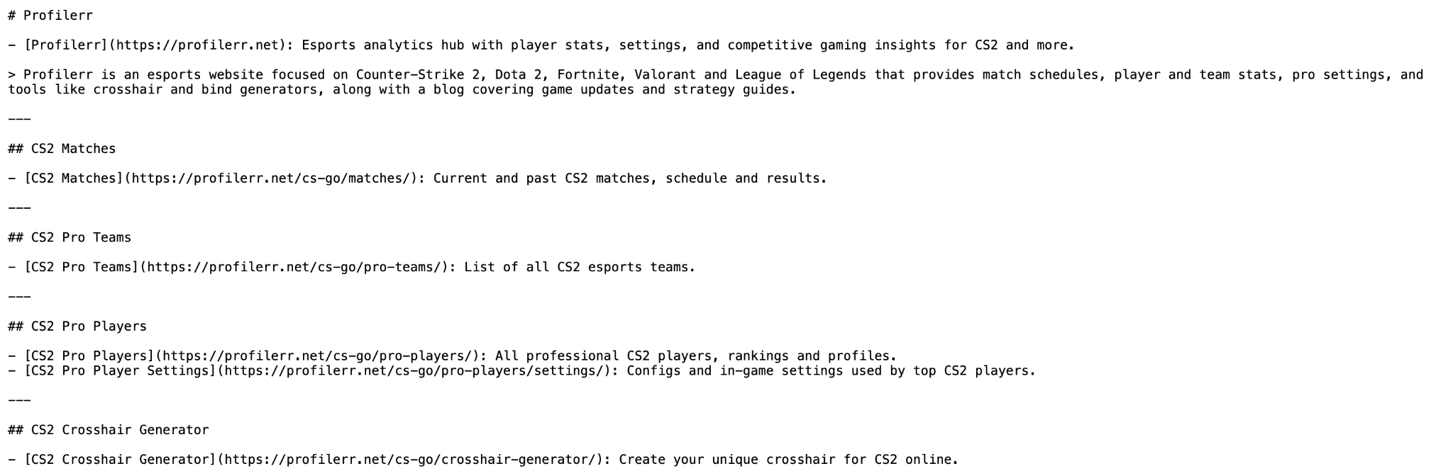 Example of an llms.txt file on the Profilerr website