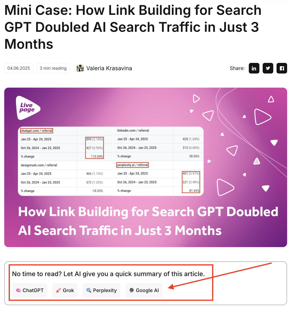 Example of an LLM button for Livepage blog articles