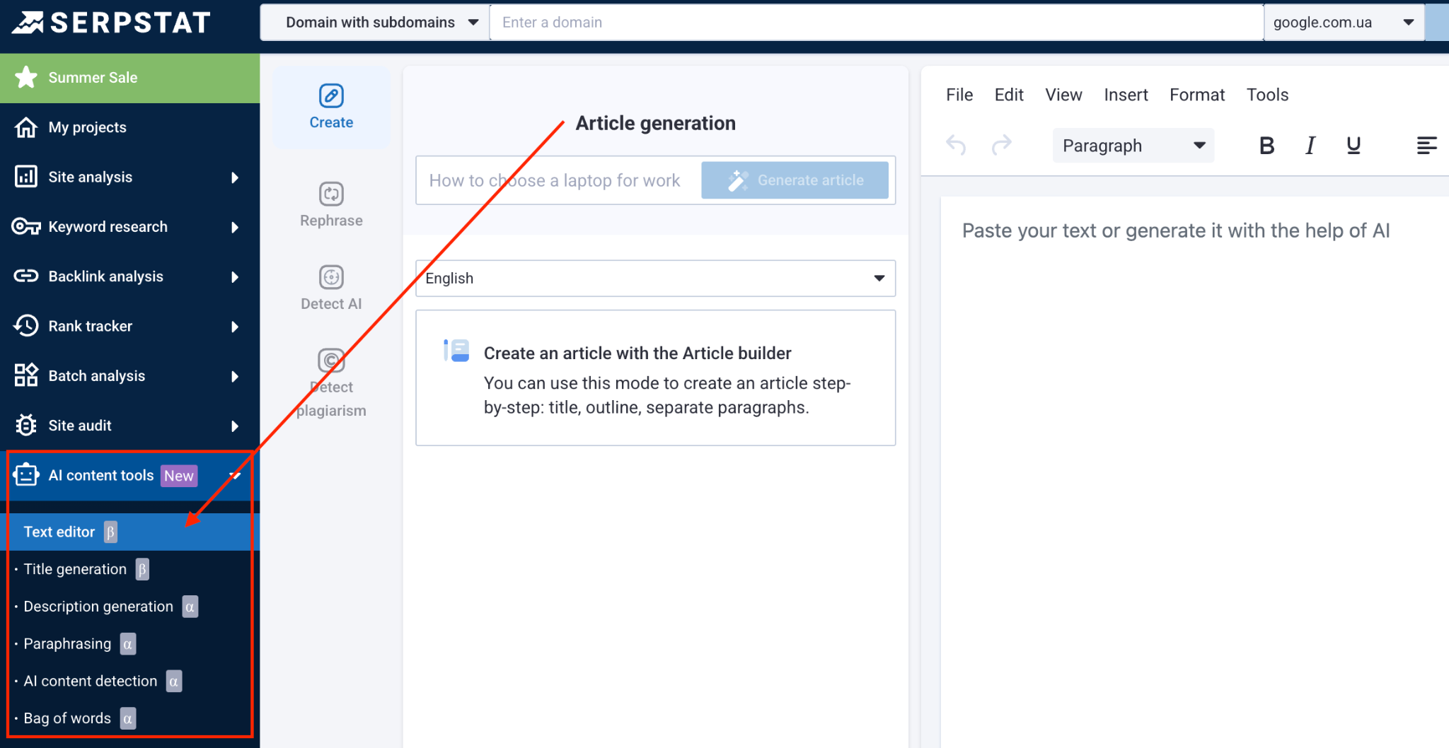 AI tools available in Serpstat