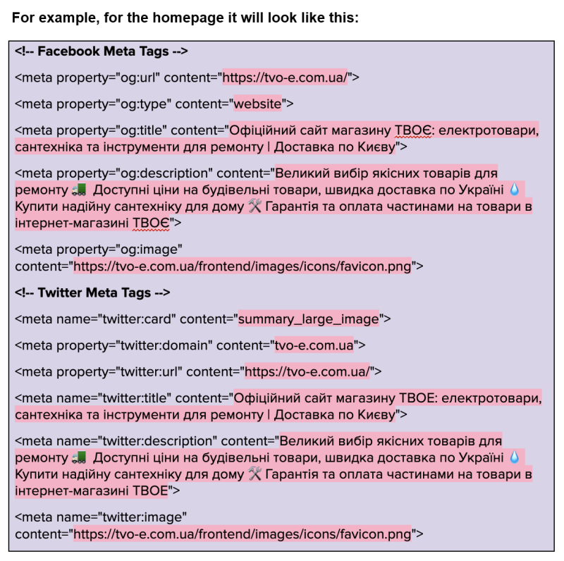 Example of an Open Graph schema markup for TVOE's homepage