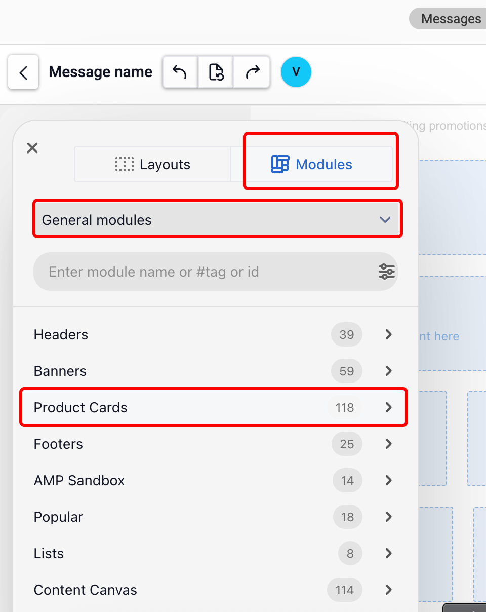 Find and add a product card module eSputnik