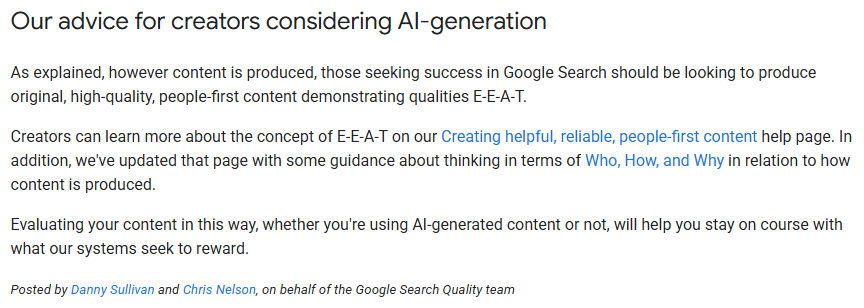 Google's guidance on AI content and E-E-A-T