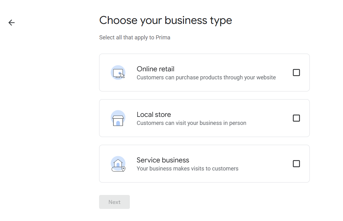 Choose your business type for creating Google Business Profile