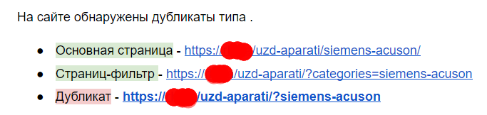 Example of duplicate pages on the website