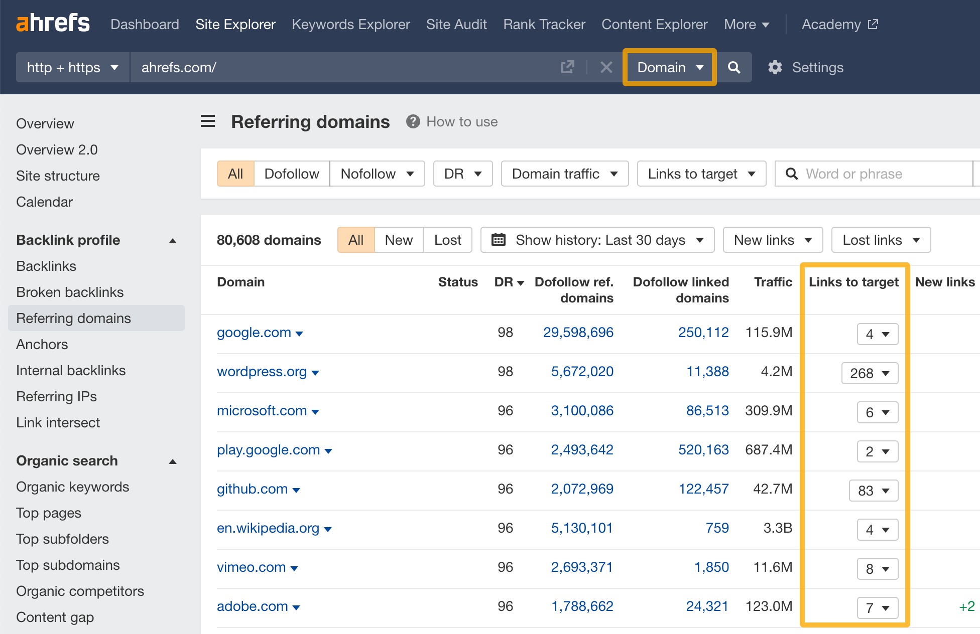 Analyzing the number of backlinks from referring domains in Ahrefs