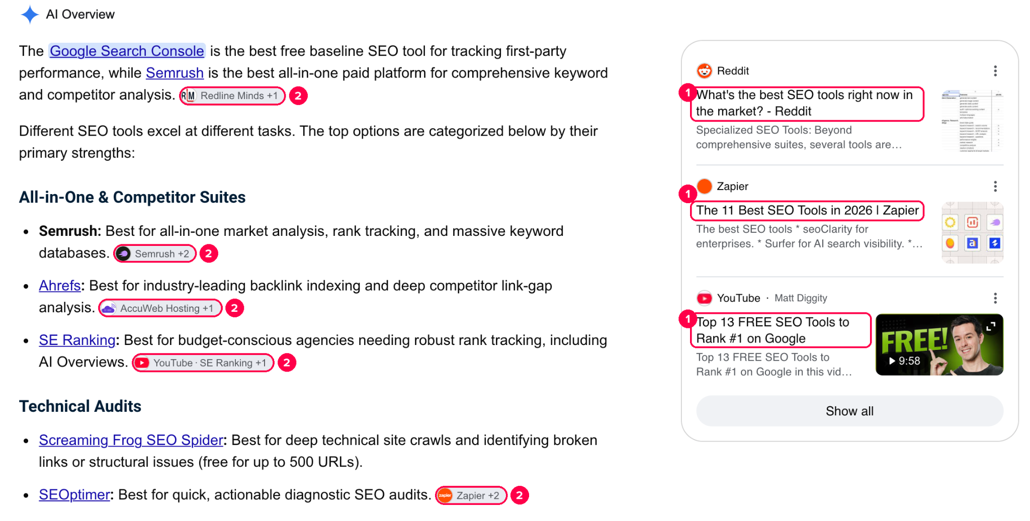 AI Overview for the query “best SEO tools”: 1 — roundups and reviews of SEO tools were used as sources; 2 — links to these roundups appear next to claims in the text
